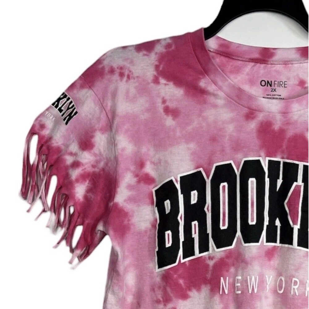 On Fire Women’s 2X Pink Tie Dye Brooklyn NY Fringe T-Shirt Boho Festival Cotton - Picture 6 of 7